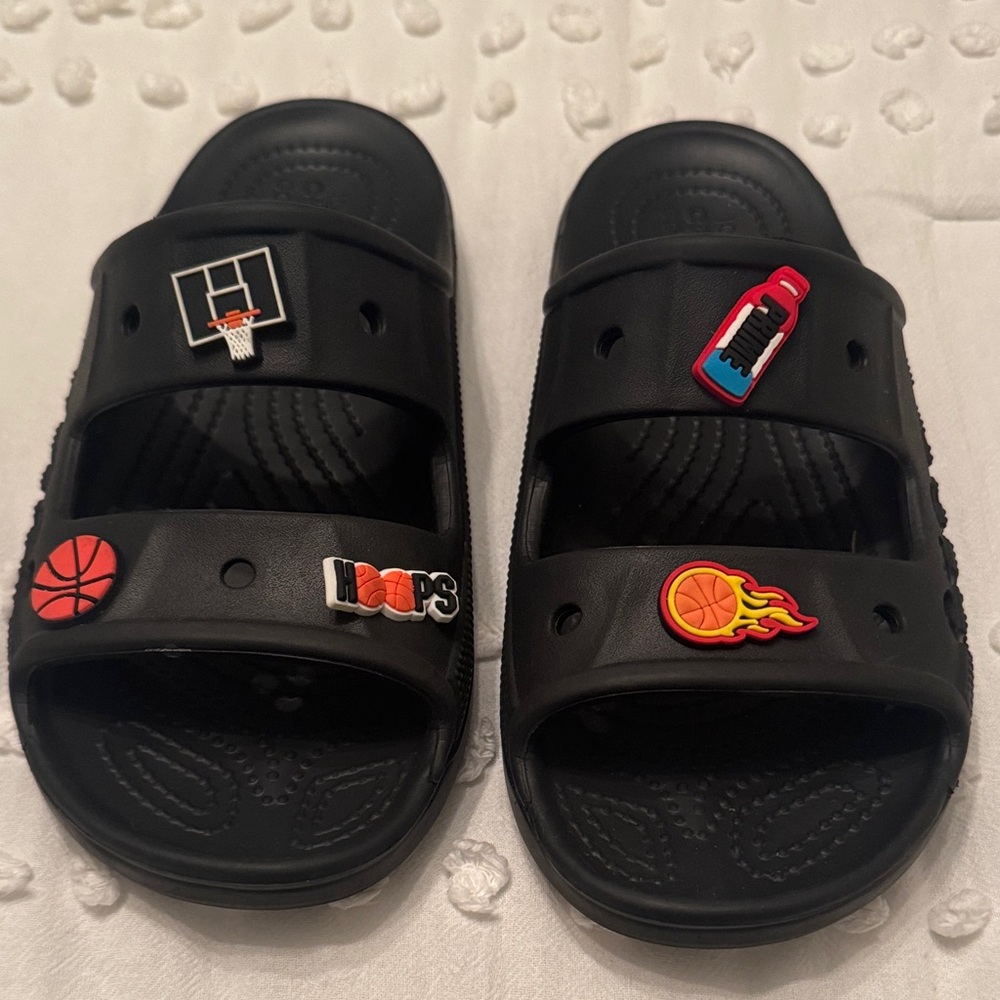 CROCS Kids Black Slide Sandals with Fun Basketball and Prime Charms - M size 6